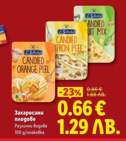 Разнообразни видове захаросани плодове Belbake, подходящи за приготвяне на сладкиши, торти и други десерти.