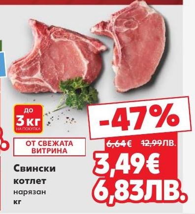 Свеж свински котлет, нарязан и готов за приготвяне.