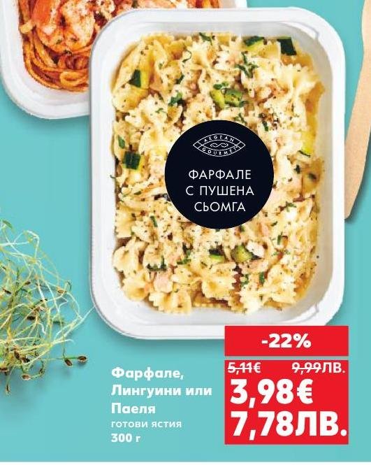 Вкусно и изискано готово ястие с фарфале и пушена сьомга.