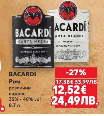 BACARDI е световноизвестен ром, предлаган в различни видове с алкохолно съдържание между 35% и 40%.