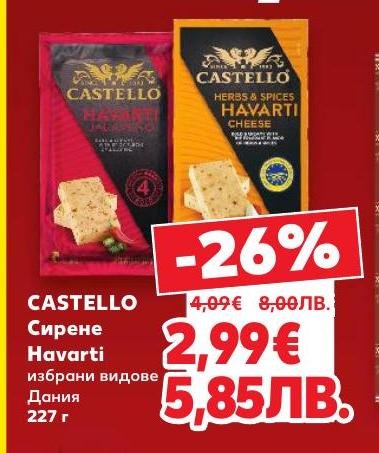 Сиренето Castello Havarti от Дания е изключително кремообразно и ароматно, подходящо за сандвичи, салати и закуски.