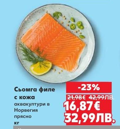 Сьомга филе с кожа от аквакултури в Норвегия, прясна и с високо качество.