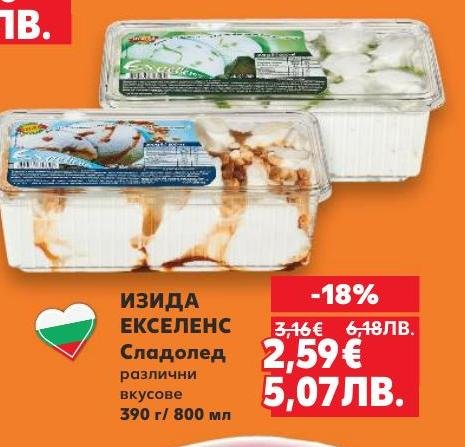 Изида Екселенс сладолед с различни вкусове предлага наслада и свежест през топлите дни.