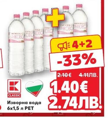 Вземете изворна вода в удобна опаковка 6 бутилки по 1,5 литра с намаление от 33%
