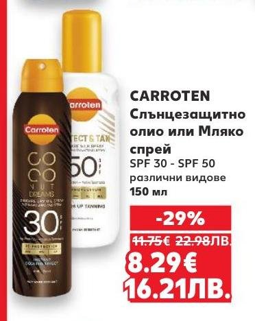 Carroten Слънцезащитно олио или мляко спрей SPF 30 - SPF 50 – Кауфланд – Цена