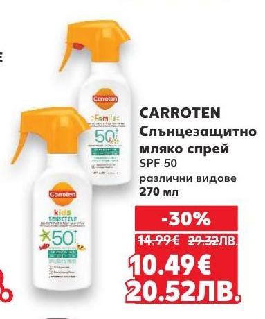 Carroten слънцезащитно мляко спрей SPF 50 предлага надеждна защита от слънчевите лъчи
