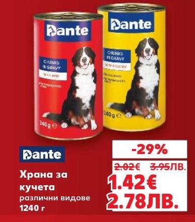 Dante храна за кучета с различни вкусове и съставки, осигуряваща пълноценна и балансирана диета