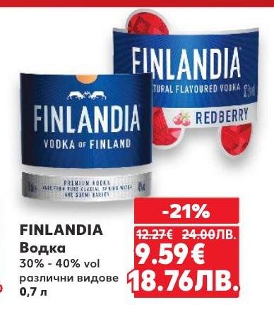 Finlandia Водка е премиум продукт с алкохолно съдържание между 30% и 40%, предлаган в различни видове