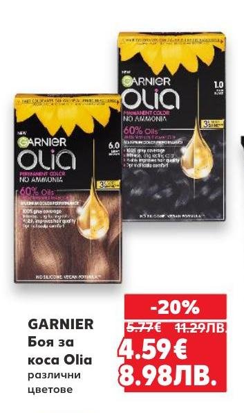 Garnier Olia боя за коса без амоняк с 60% масла осигурява интензивен и дълготраен цвят