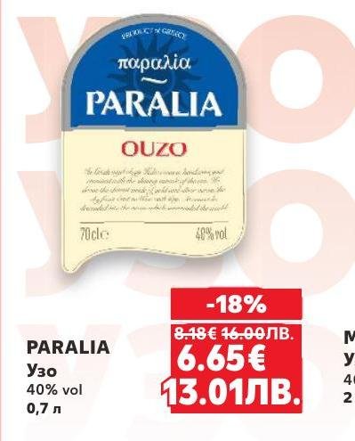 PARALIA Узо е традиционна гръцка анасонова напитка с 40% алкохолно съдържание, предлагана в бутилка от 0,7 литра