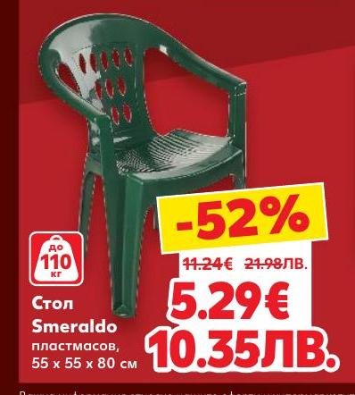 Пластмасов стол Smeraldo с размери 55x55x80 см и товароносимост до 110 кг
