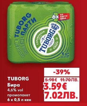 Tuborg бира с 4,6% алкохол в промо пакет от 6 кенчета по 0,5 л